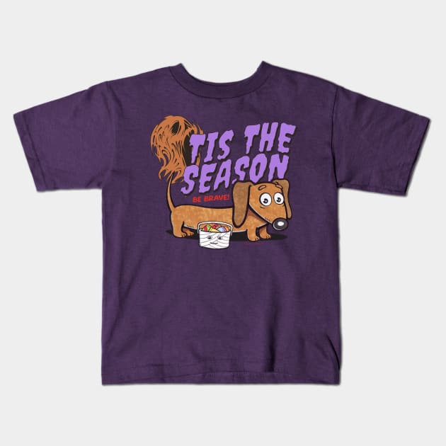 Funny and cute Doxie Dachshund Dog being brave for Tis the Season halloween while trick or treating Kids T-Shirt by Danny Gordon Art